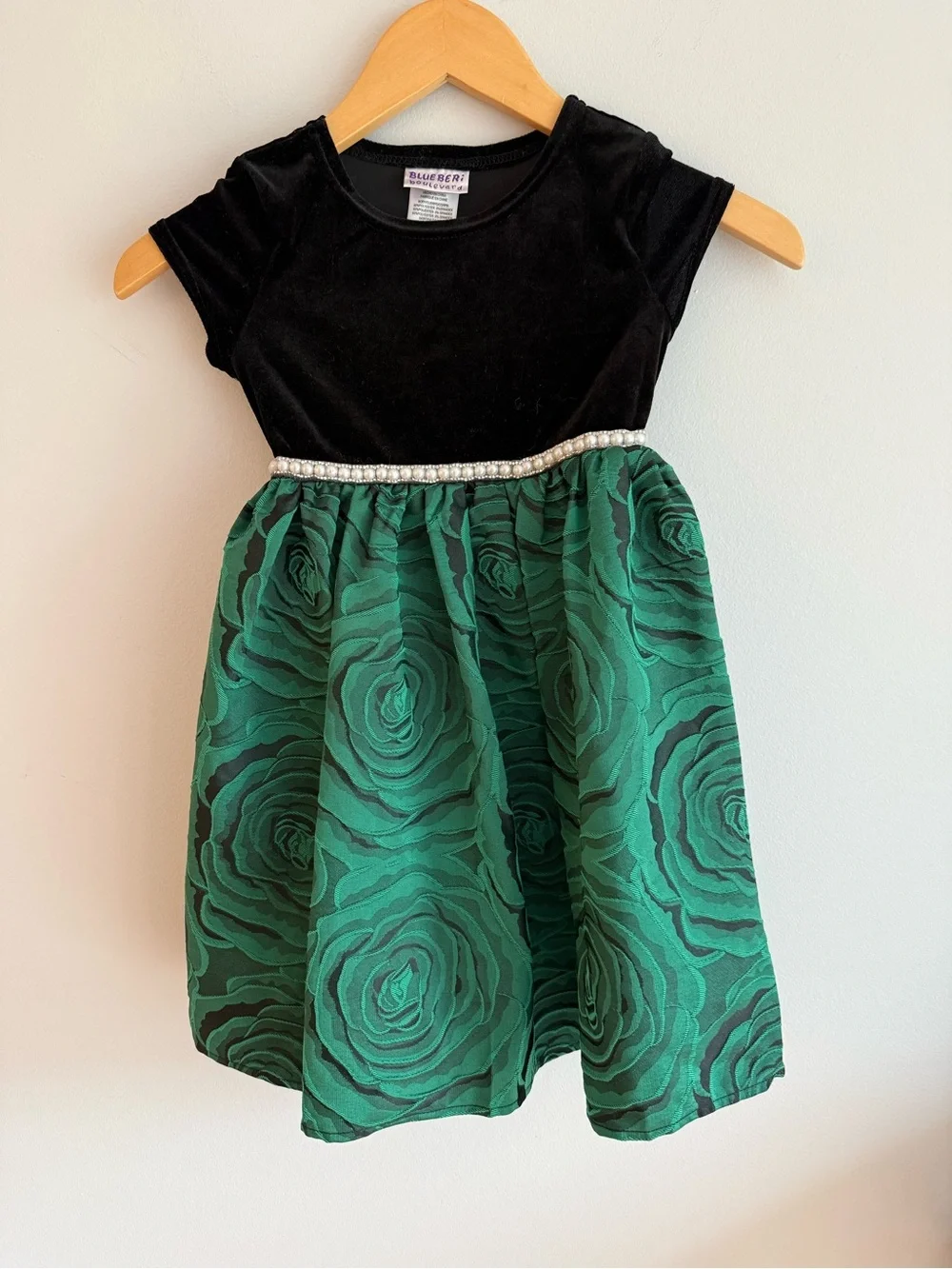 Blueberi Boulevard Girls Black Velvet & Green Floral Party Dress Pearl Trim SZ 5